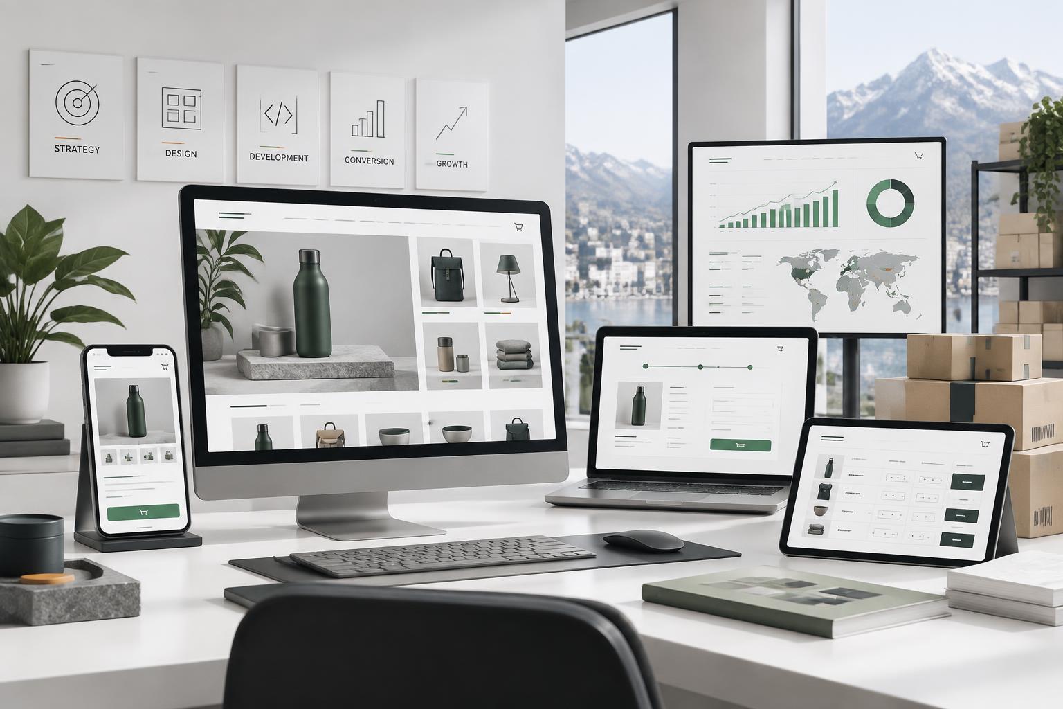 Shopify-Commerce-Arbeitsplatz mit Shopdarstellungen auf Desktop, Mobilgerät und B2B-Oberfläche